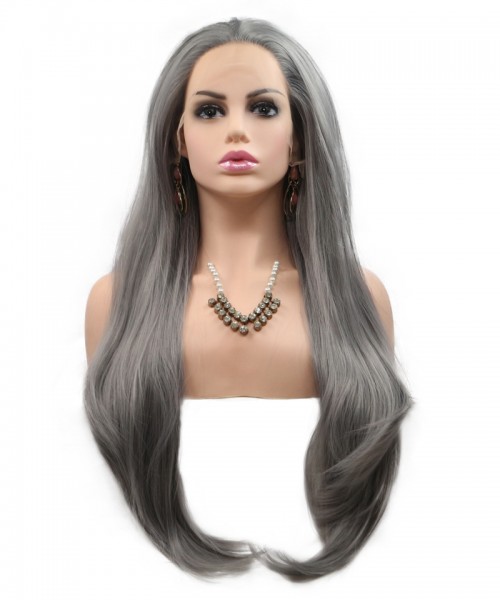 Invisilace Synthetic Hair Lace Front Wig Straight Dark Grey Long Style 