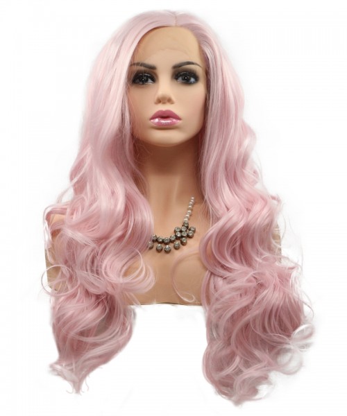 Invisilace Synthetic Lace Front Wigs Wavy Long Pink Wig 