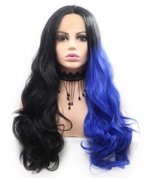 Invisilace Half Black Half Blue Wavy Synthetic Lace Front Wigs