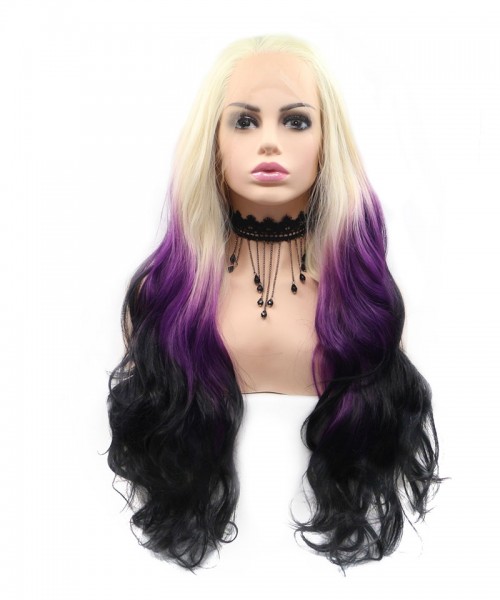 Invisilace Ombre Blonde Purple Black Wavy Synthetic Lace Front Wigs