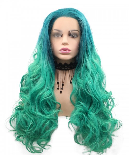 Invisilace Long Green Body Wave Synthetic Hair Wigs For Women 