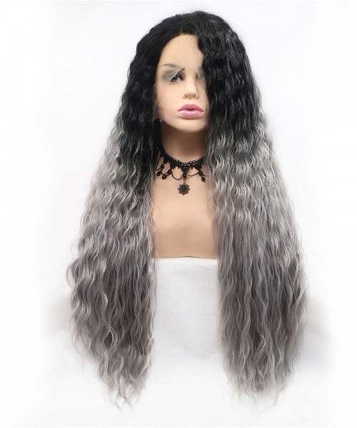 Invisilace Synthetic Lace Front Wigs Long Deep Wave 1B Gray Ombre Wig