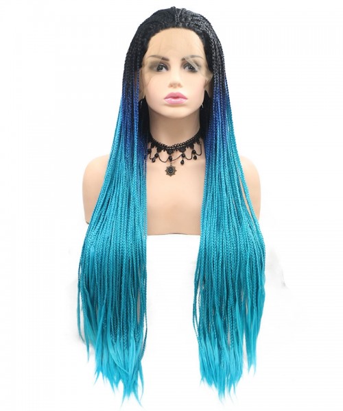 Invisilace Long Ombre Blue Braid Synthetic Lace Front Wigs 