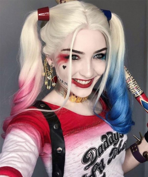 Invisilace Harley Quinn Inspired Half Pink Half Blue Synthetic Lace Front Wigs