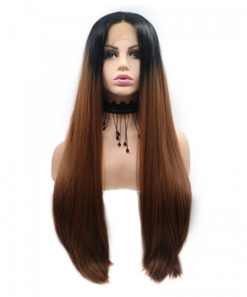 Invisilace Ombre Brown Long Straight Synthetic Lace Front Wigs