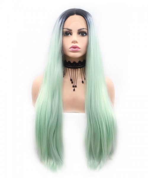 Invisilace Ombre Green Straight Long Synthetic Hair Wig 