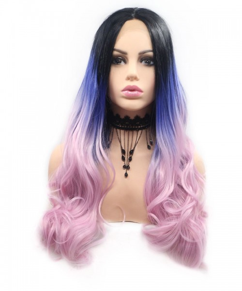 Invisilace Long Synthetic Lace Front Wigs Wavy Ombre Blue Pink Color