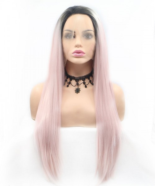 Ombre Light Pink Long Straight Synthetic Lace Front Wigs