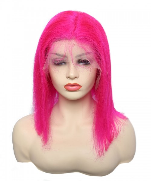 Neon Pink Lace Frontal Wigs Human Hair Bob Wig 130% Density