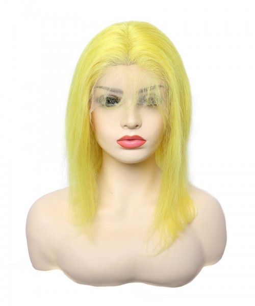 Lace Frontal Wigs Yellow Colored Human Hair Bob Wig 130% Density 
