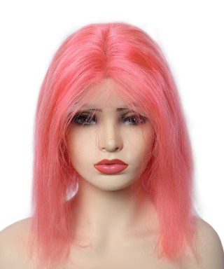 Short Bob Wig Human Hair 130% Density Pink Colored Lace Front Wigs 