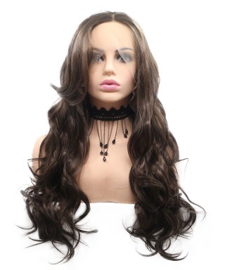 Brown Body Wave Long Invisilace Synthetic Hair Wig 
