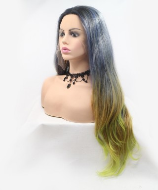 Yellow Mixed Color body wave Invisilace Synthetic Hair Wig 