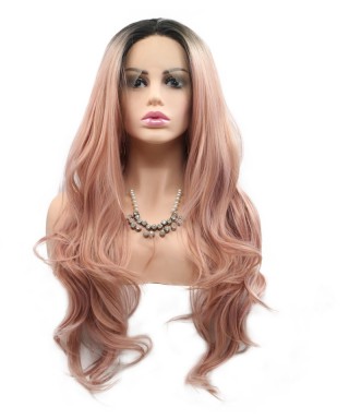 Invisilace Long 1B Pink Ombre Wavy Synthetic Lace Front Wig 
