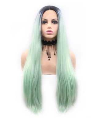 Invisilace Ombre Green Straight Long Synthetic Hair Wig 