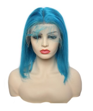 Sky Blue Bob Wig 130% Density Human Hair Lace Frontal Wigs 