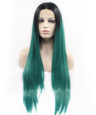 Invisilace Ombre 1B Green Long Straight Synthetic Lace Front Wigs 