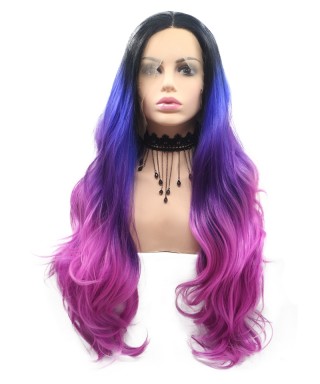 Invisilace Ombre Blue Pink Wavy Synthetic Lace Front Wigs